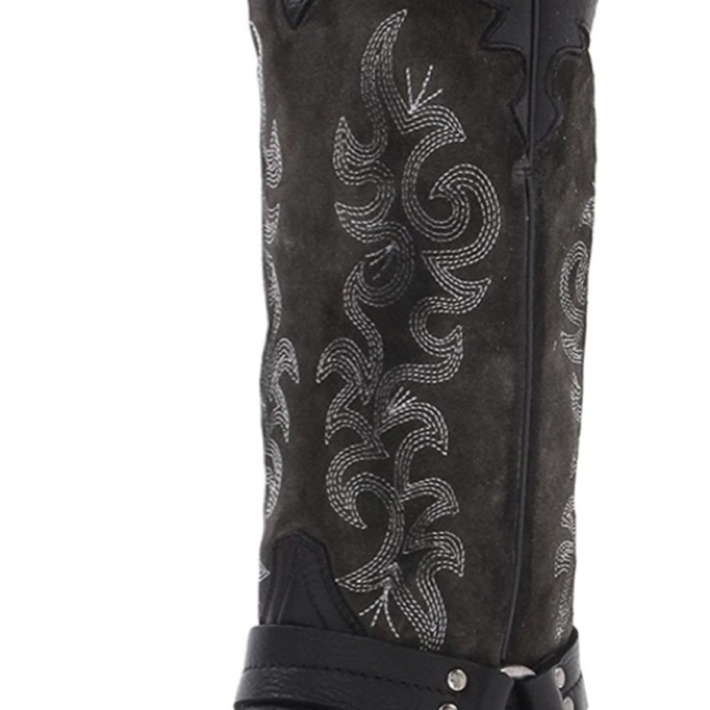 FRYE Boots LILY HARNESS Leather Suede Black Gray Embroidered Western Size 7.5 - Picture 11 of 13
